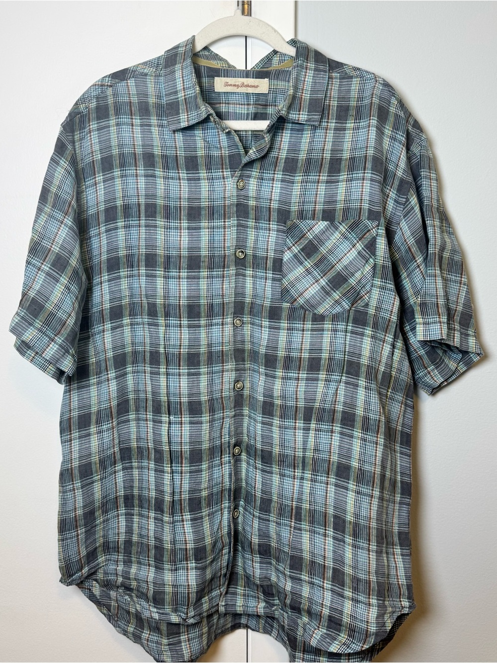 Tommy Bahama Short-Sleeve Plaid Button-Up Shirt - Blue/Gray. 100% Linen.
